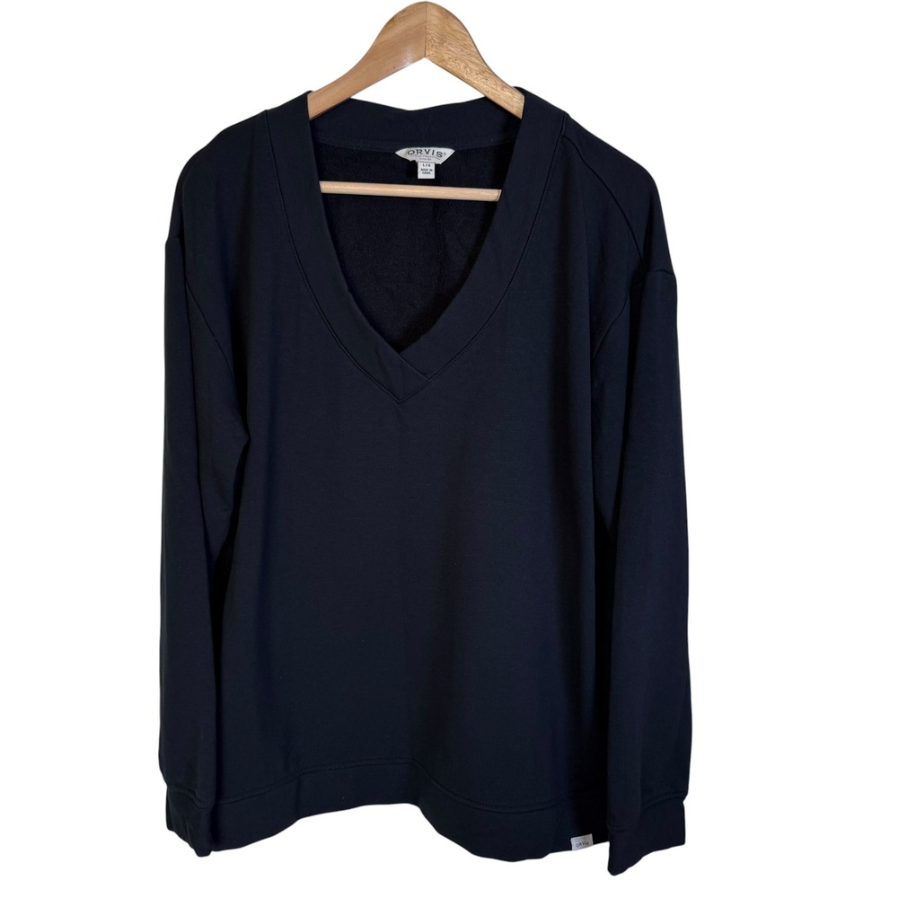 Orvis V-Neck Sweatshirt Womens Large Black Excellent Modal Blend Relaxed Fit
